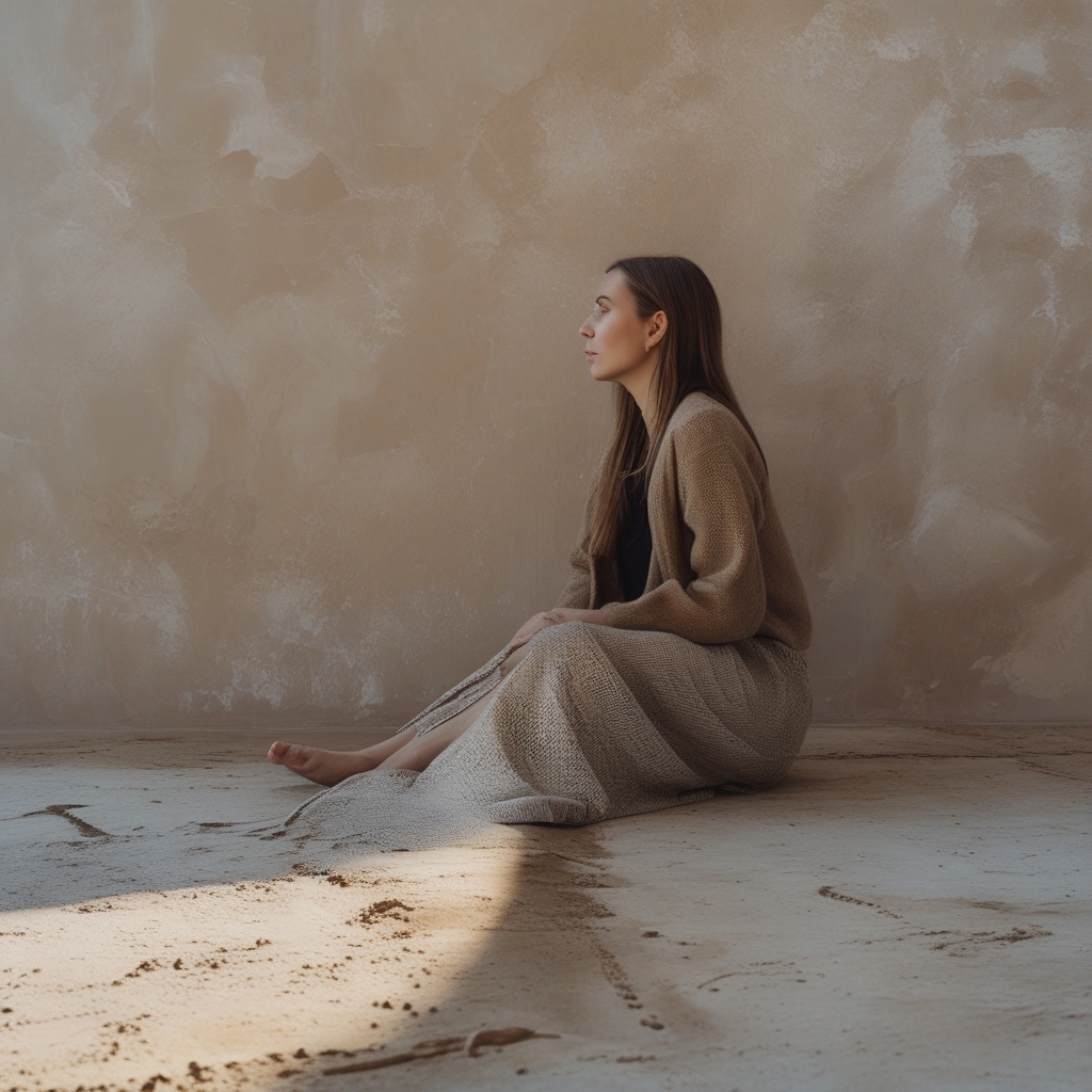 Osoba siedząca na macie w pozie głębokiego rozciągania nóg, fotografowana z boku w ciepłym studiu z drewnianą podłogą