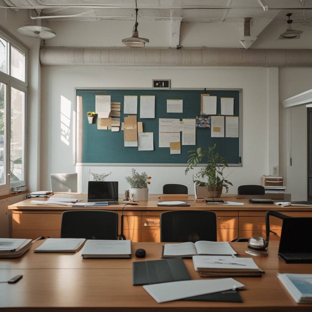 Otwarte podręczniki naukowe na drewnianym biurku w jasnym gabinecie badawczym, otoczone notatkami i materiałami edukacyjnymi, naturalne boczne oświetlenie