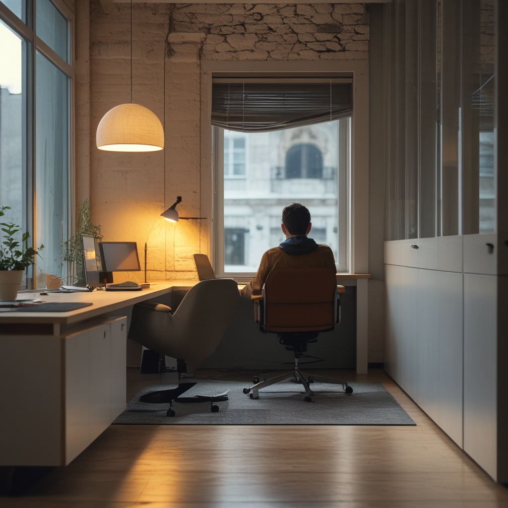 Widok z boku osoby siedzącej przy biurku w wyprostowanej postawie, z kręgosłupem w naturalnym ustawieniu, w jasnym biurze z naturalnym światłem