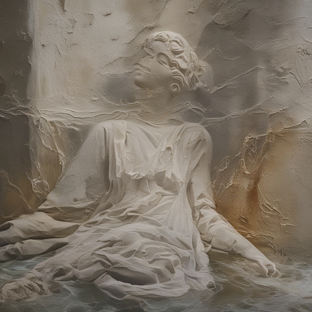 Osoba siedząca spokojnie na drewnianym pomoście nad spokojnym jeziorem o świcie, fotografowana z dystansu, z mgłą nad wodą